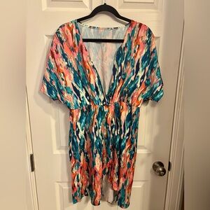 NWT SHEIN VCAY Abstract Watercolor Satin Faux Wrap Dress 0XL